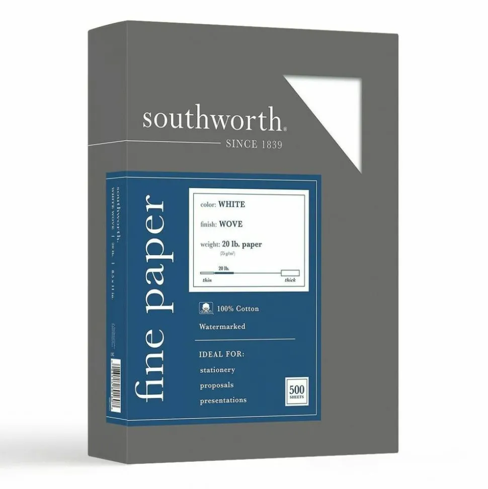 Southworth 100% Cotton Business Multi-Use Printer & Copy Paper, 1 Ream, White, Letter (8.5" x 11"), 500 Sheets Per Ream, 20 Lb, 94 Brightness