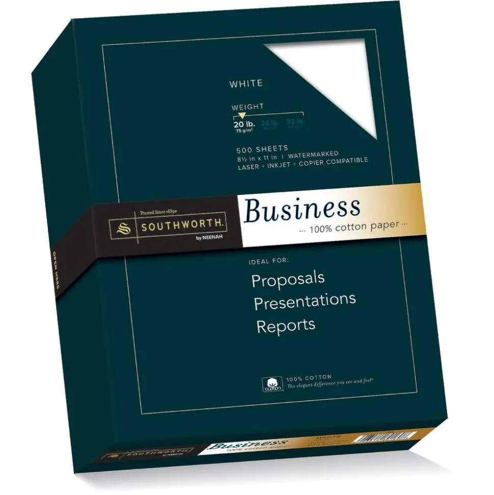 Southworth 100% Cotton Business Multi-Use Printer & Copy Paper, 1 Ream, White, Letter (8.5" x 11"), 500 Sheets Per Ream, 20 Lb, 94 Brightness