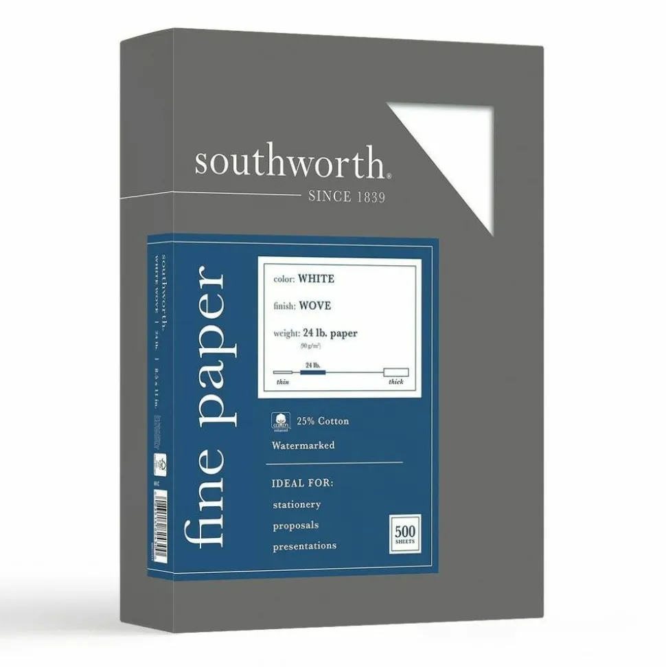 Southworth 25% Cotton Business Paper, 8 1/2" x 11", 24 Lb, White, Box Of 500