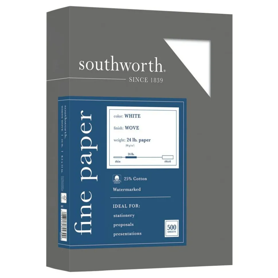 Southworth 25% Cotton Business Paper, 8 1/2" x 11", 24 Lb, White, Box Of 500
