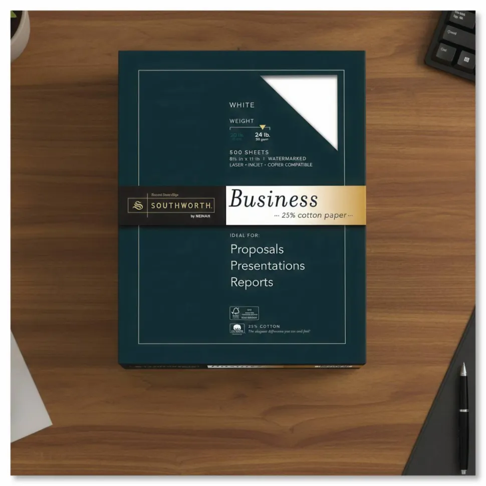 Southworth 25% Cotton Business Paper, 8 1/2" x 11", 24 Lb, White, Box Of 500