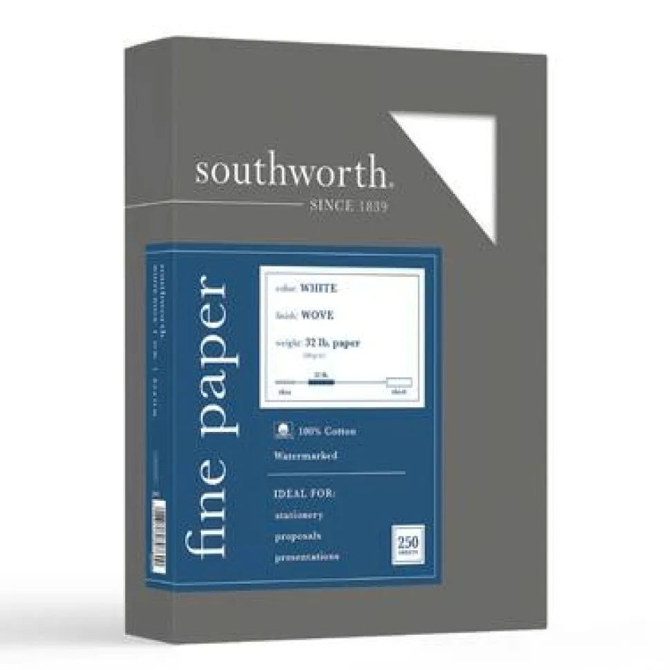 Southworth 100% Cotton Business Paper, 95 Bright, 32 lb Bond Weight, 8.5 x 11, White, 250/Pack