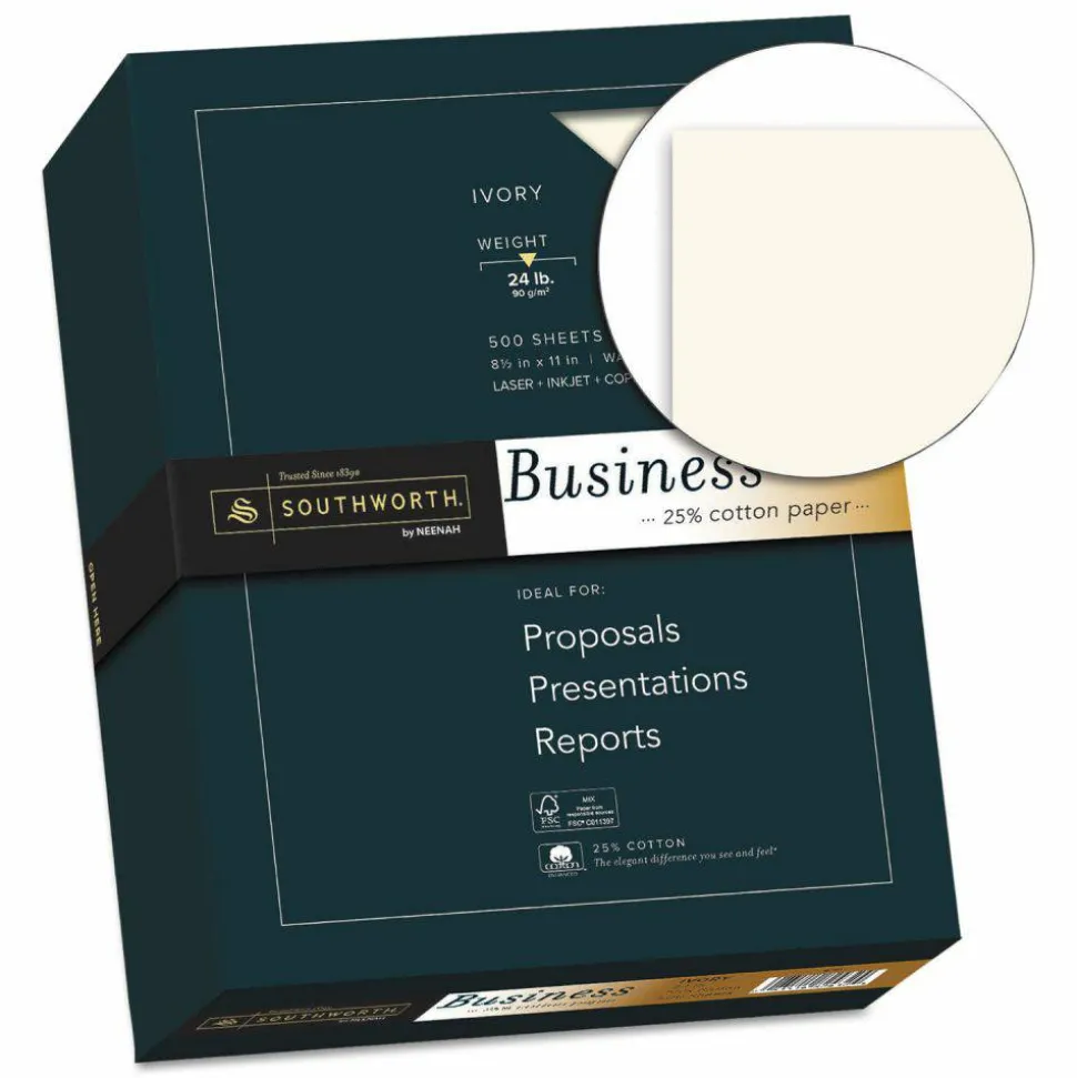 Southworth 25% Cotton Business Paper, Letter Size (8 1/2" x 11"), 24 Lb, Wove, Ivory, Case Of 500 Sheets