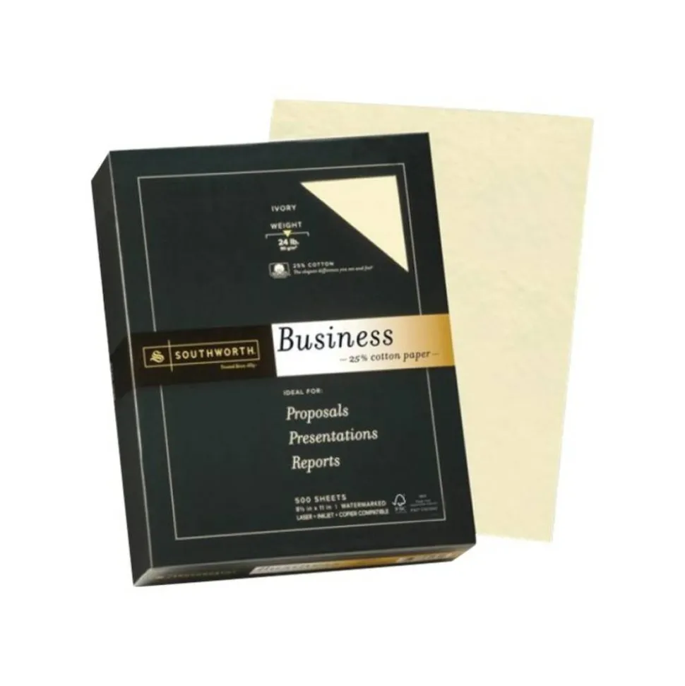 Southworth 25% Cotton Business Paper, Letter Size (8 1/2" x 11"), 24 Lb, Wove, Ivory, Case Of 500 Sheets