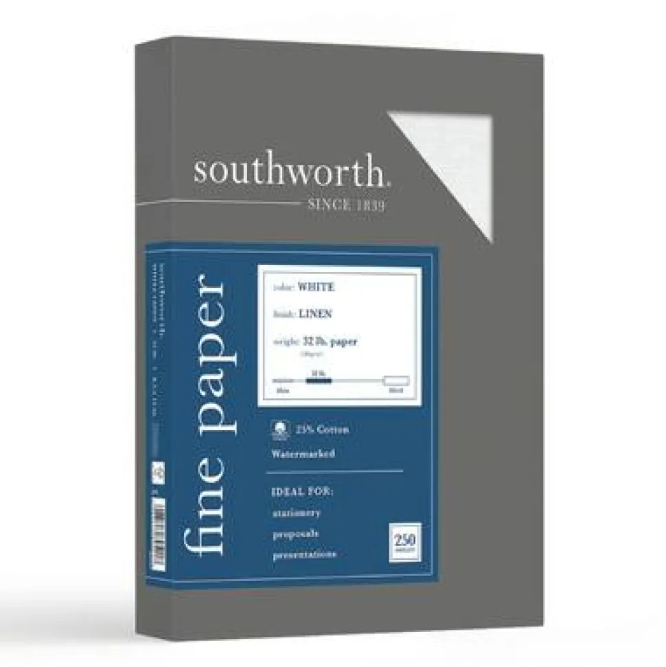 Southworth 25% Cotton Linen Business Paper, 32 lb Bond Weight, 8.5 x 11, White, 250/Pack