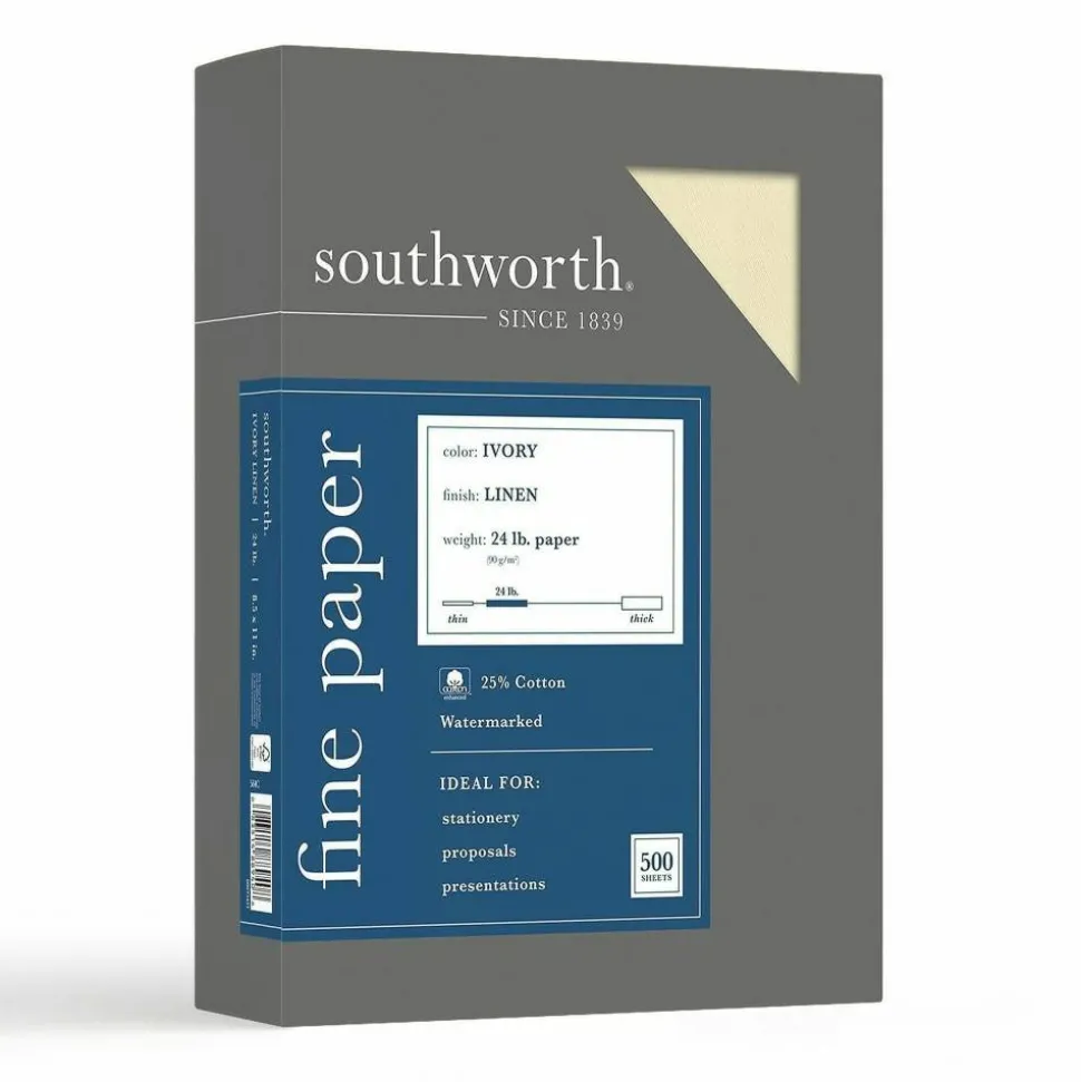Southworth 25% Cotton Linen Business Paper, Ivory, Letter (8.5" x 11"), 500 Sheets Per Ream, 24 Lb, 94 Brightness