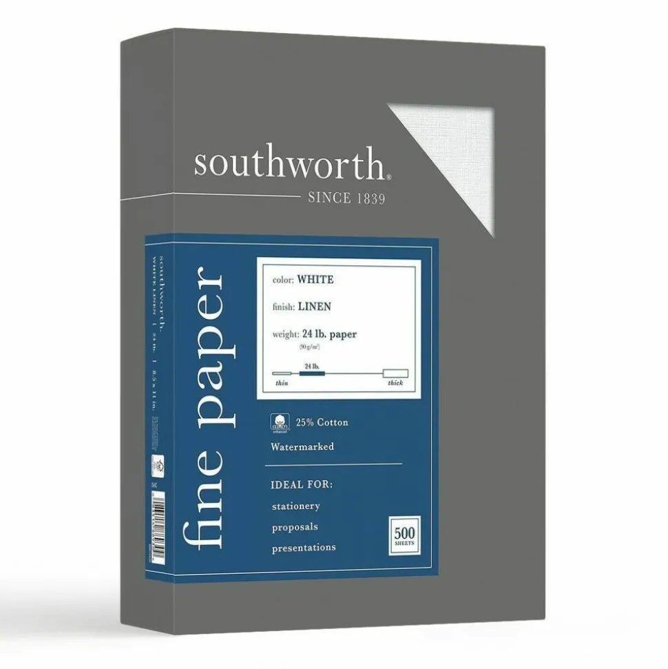Southworth 25% Cotton Linen Business Paper, White, Letter (8.5" x 11"), 500 Sheets Per Ream, 24 Lb, 94 Brightness