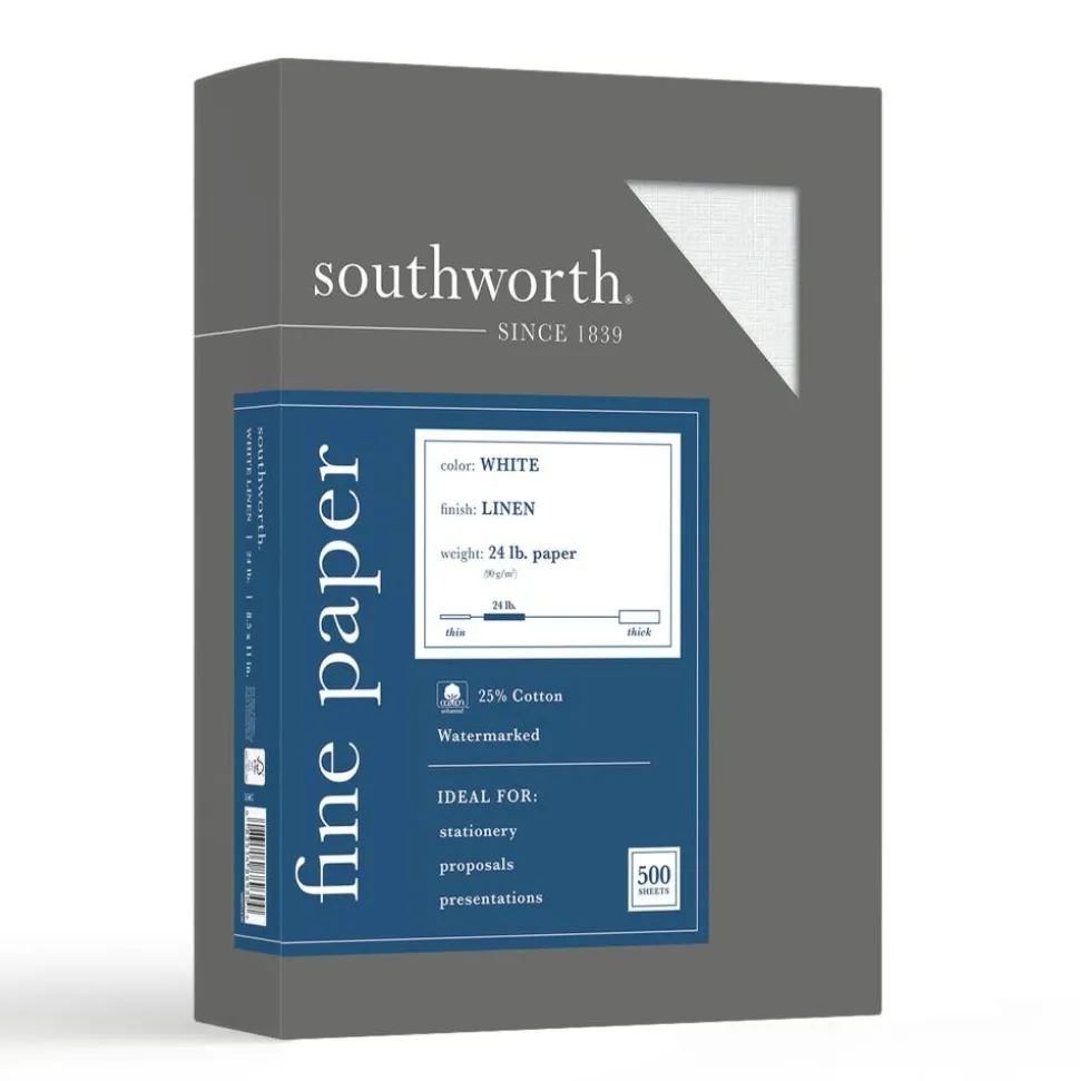 Southworth 25% Cotton Linen Business Paper, White, Letter (8.5" x 11"), 500 Sheets Per Ream, 24 Lb, 94 Brightness