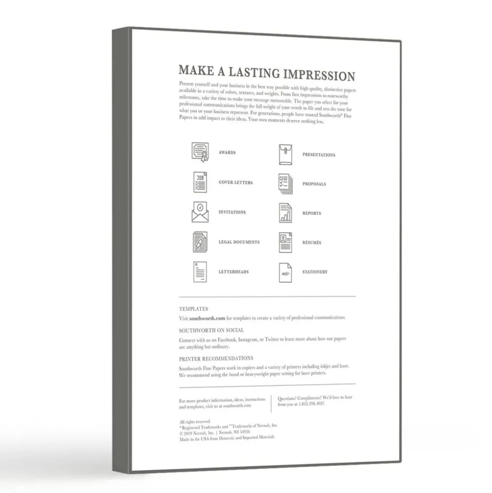 Southworth 100% Cotton Résumé Paper, 8 1/2" x 11", 32 Lb, 100% Recycled, White, Pack Of 100