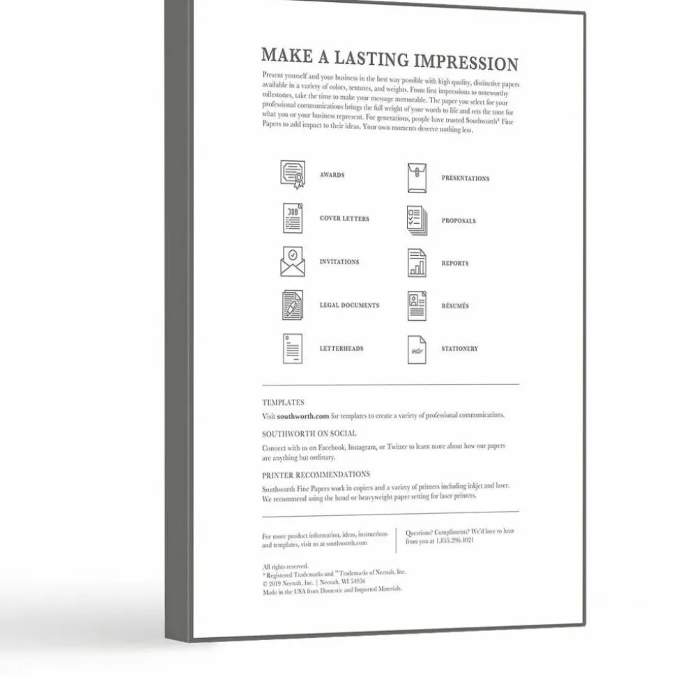 Southworth 100% Cotton Résumé Paper, 8 1/2" x 11", 32 Lb, 100% Recycled, White, Pack Of 100