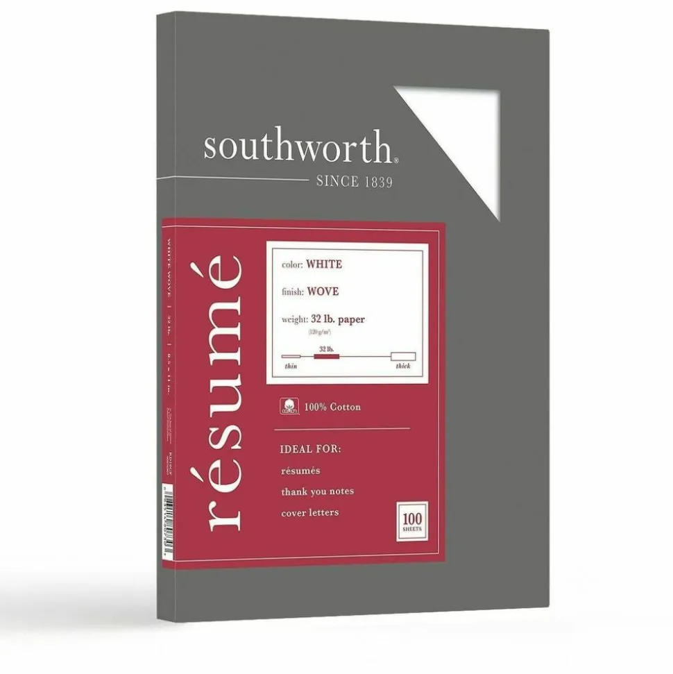 Southworth 100% Cotton Résumé Paper, 8 1/2" x 11", 32 Lb, 100% Recycled, White, Pack Of 100