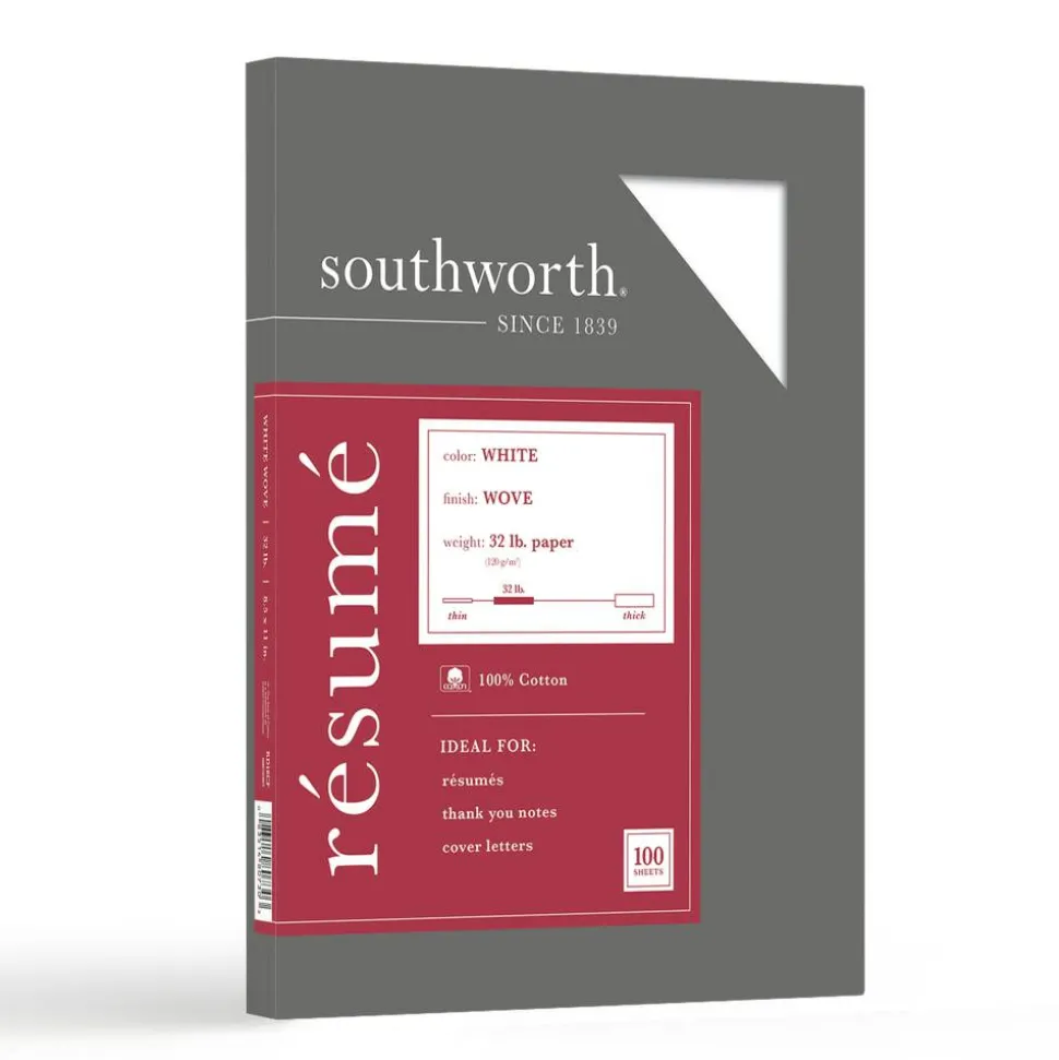 Southworth 100% Cotton Résumé Paper, 8 1/2" x 11", 32 Lb, 100% Recycled, White, Pack Of 100
