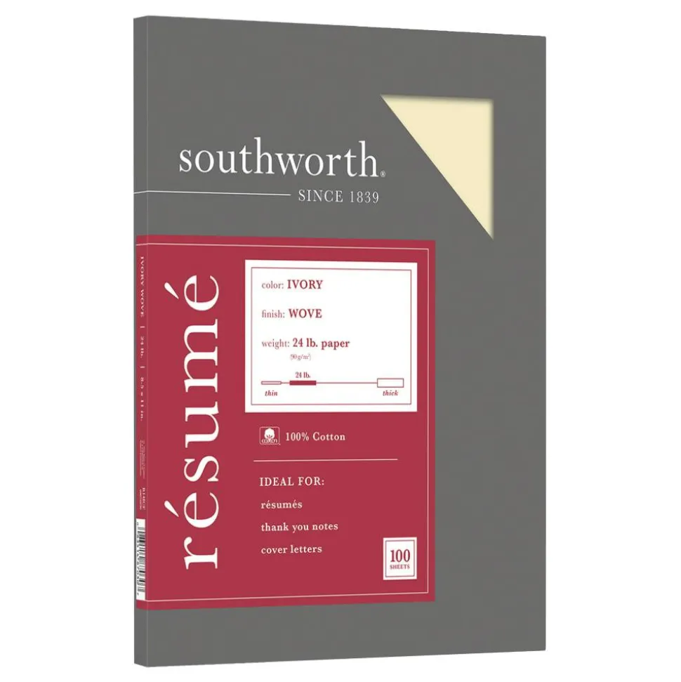Southworth 100% Cotton Résumé Paper, 8 1/2" x 11", 24 Lb, 100% Recycled, Ivory, Pack Of 100