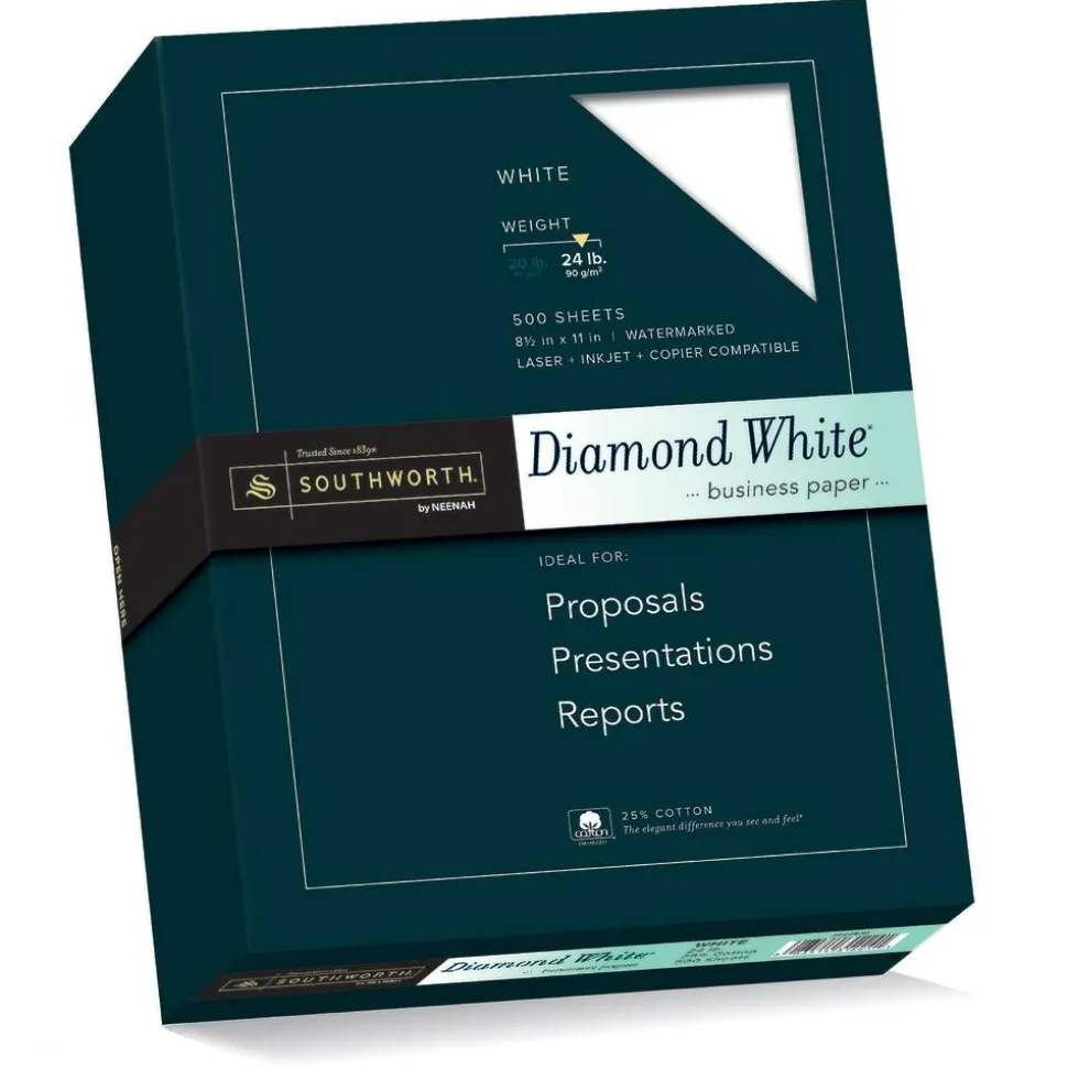 Southworth Diamond White 25% Cotton Business Paper, 8 1/2" x 11", 24 Lb, White, Box Of 500