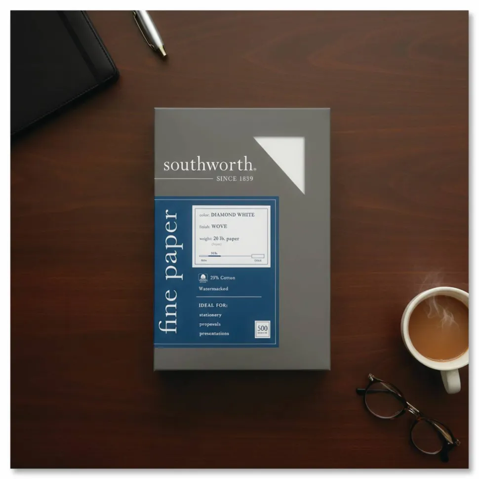 Southworth Diamond White 25% Cotton Business Paper, 8 1/2" x 11", 20 Lb, White, Box Of 500