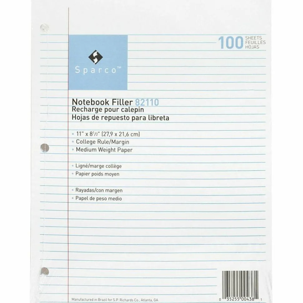 Sparco Notebook Filler Paper, 8-1/2" x 11", College Rule, White, Pack of 100 Sheets
