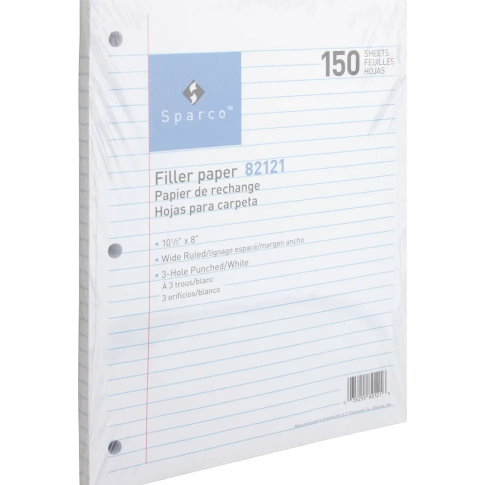 Sparco Standard White 3HP Filler Paper - 150 Sheets - Wide Ruled - Ruled Red Margin - 16 lb Basis Weight - 82121