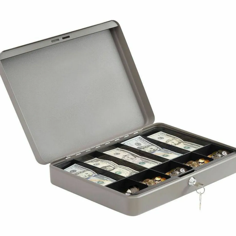 Sparco All-Steel Key Lock Cash Box With Tray, 10 Compartments, 2" x 10 1/2" x 15", Gray