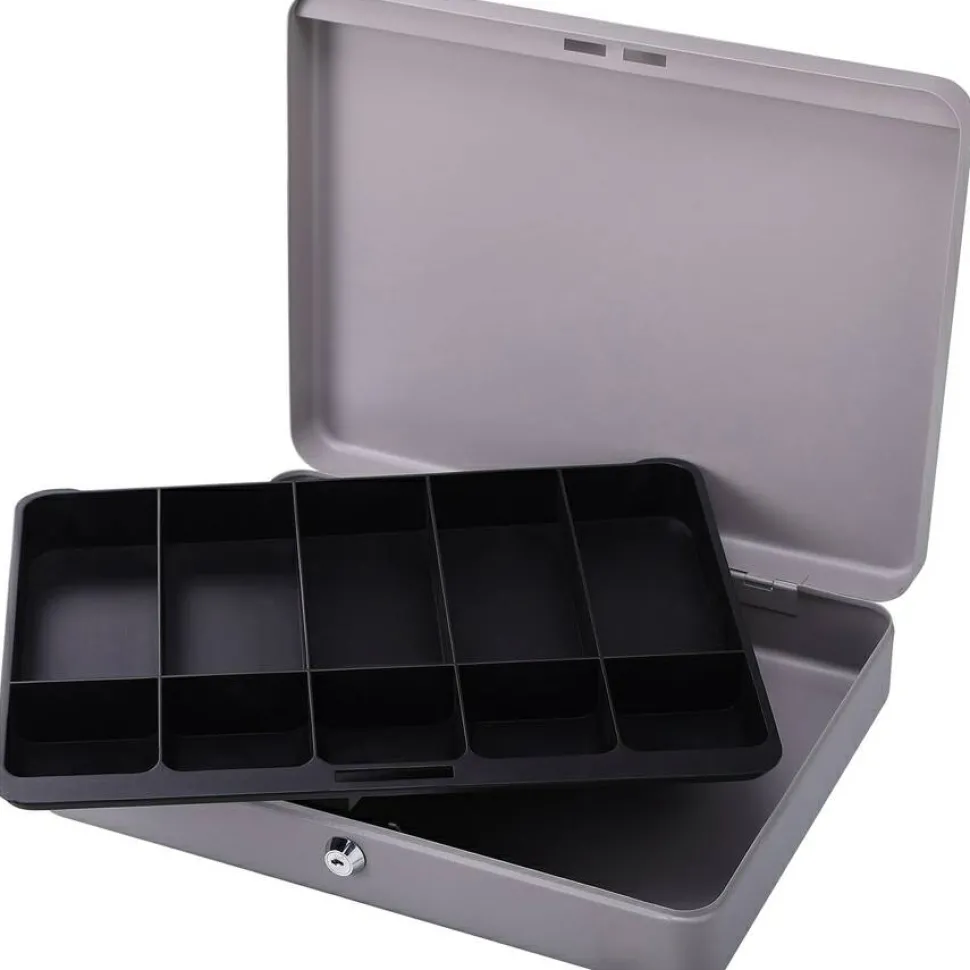 Sparco All-Steel Key Lock Cash Box With Tray, 10 Compartments, 2" x 10 1/2" x 15", Gray