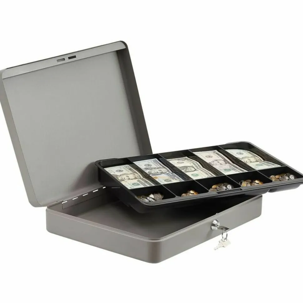 Sparco All-Steel Key Lock Cash Box With Tray, 10 Compartments, 2" x 10 1/2" x 15", Gray