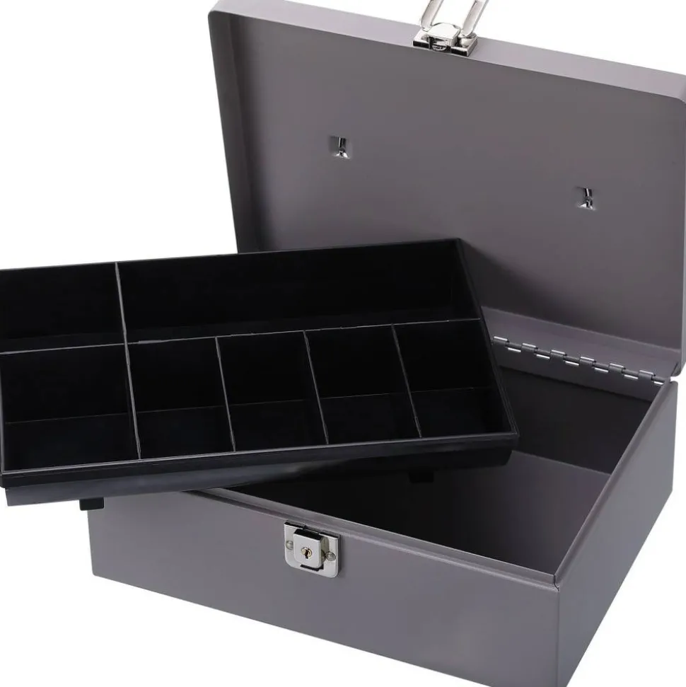Sparco All-Steel Latch Lock Cash Box With Tray, 7 Compartments, 4" x 11" x 7 3/4", Gray