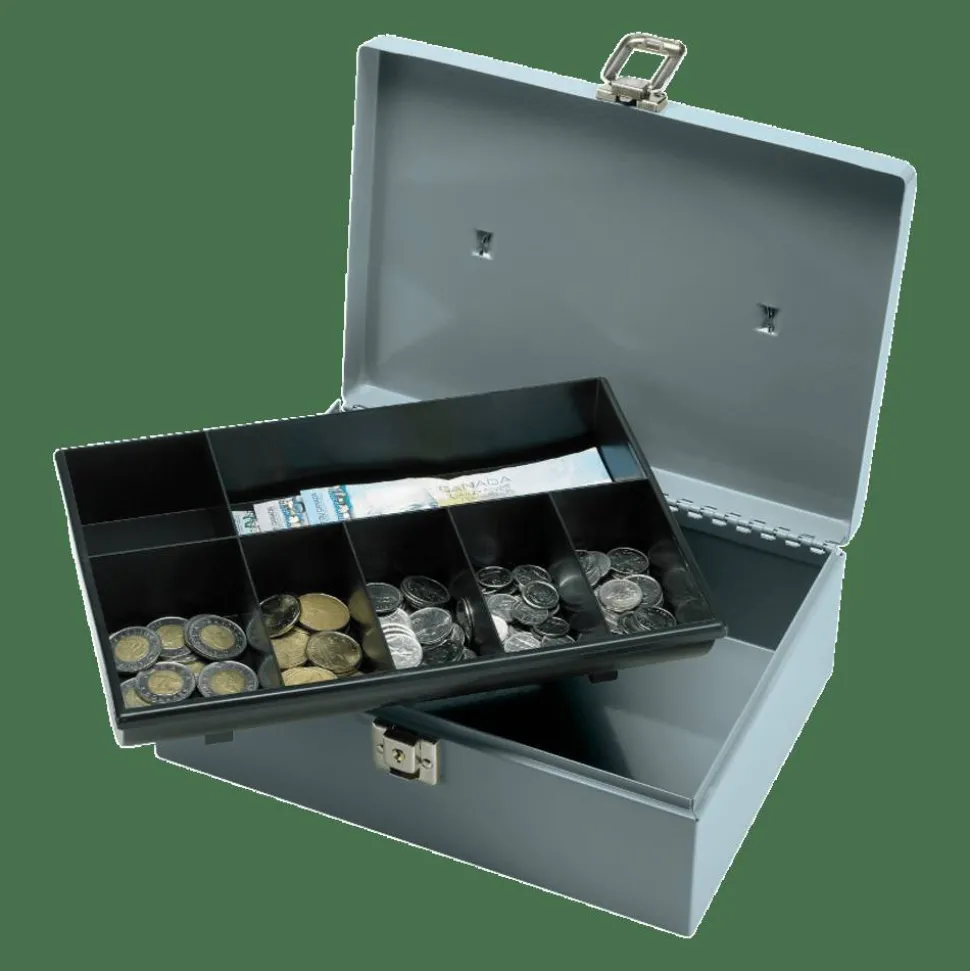 Sparco All-Steel Latch Lock Cash Box With Tray, 7 Compartments, 4" x 11" x 7 3/4", Gray