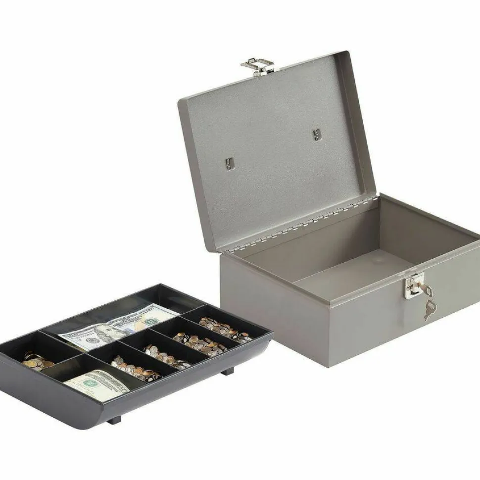 Sparco All-Steel Latch Lock Cash Box With Tray, 7 Compartments, 4" x 11" x 7 3/4", Gray