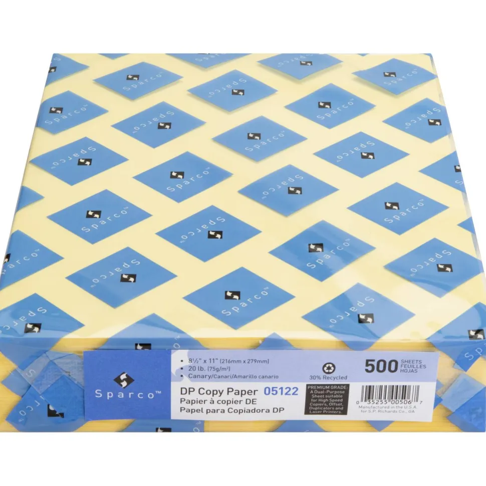 Sparco Color Multi-Use Printer & Copy Paper, Canary, Letter (8.5" x 11"), 500 Sheets Per Ream, 20 Lb, 90 Brightness, 30% Recycled