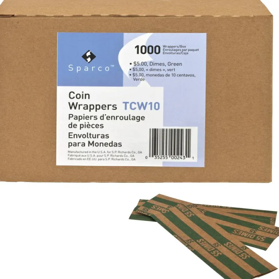 Sparco Flat Coin Wrappers - $5.0 in 50 Coins of 10¢ Denomination - 60 lb Paper Weight - Kraft - Green, 1000/Pack