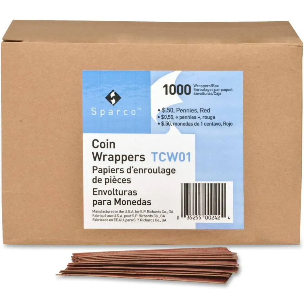 Sparco Flat Coin Wrappers - 1000 Wraps Total $0.50 in 50 Coins of 1¢ Denomination - 60 lb Paper Weight - Kraft - Red