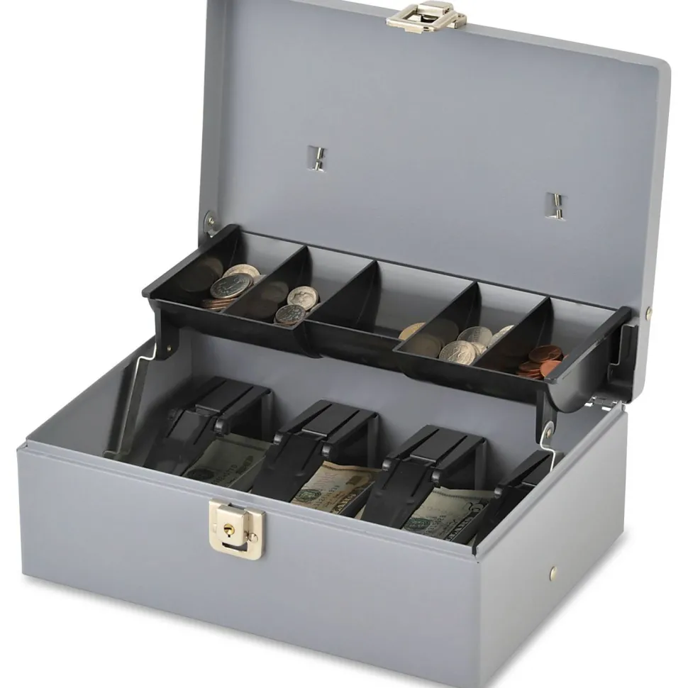 Sparco Key Lock Controller Cash Box With Tray, 5 Compartments, 3 7/16" x 11 7/16" x 7 1/2", Gray