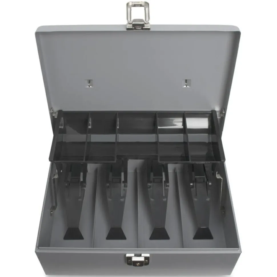 Sparco Key Lock Controller Cash Box With Tray, 5 Compartments, 3 7/16" x 11 7/16" x 7 1/2", Gray