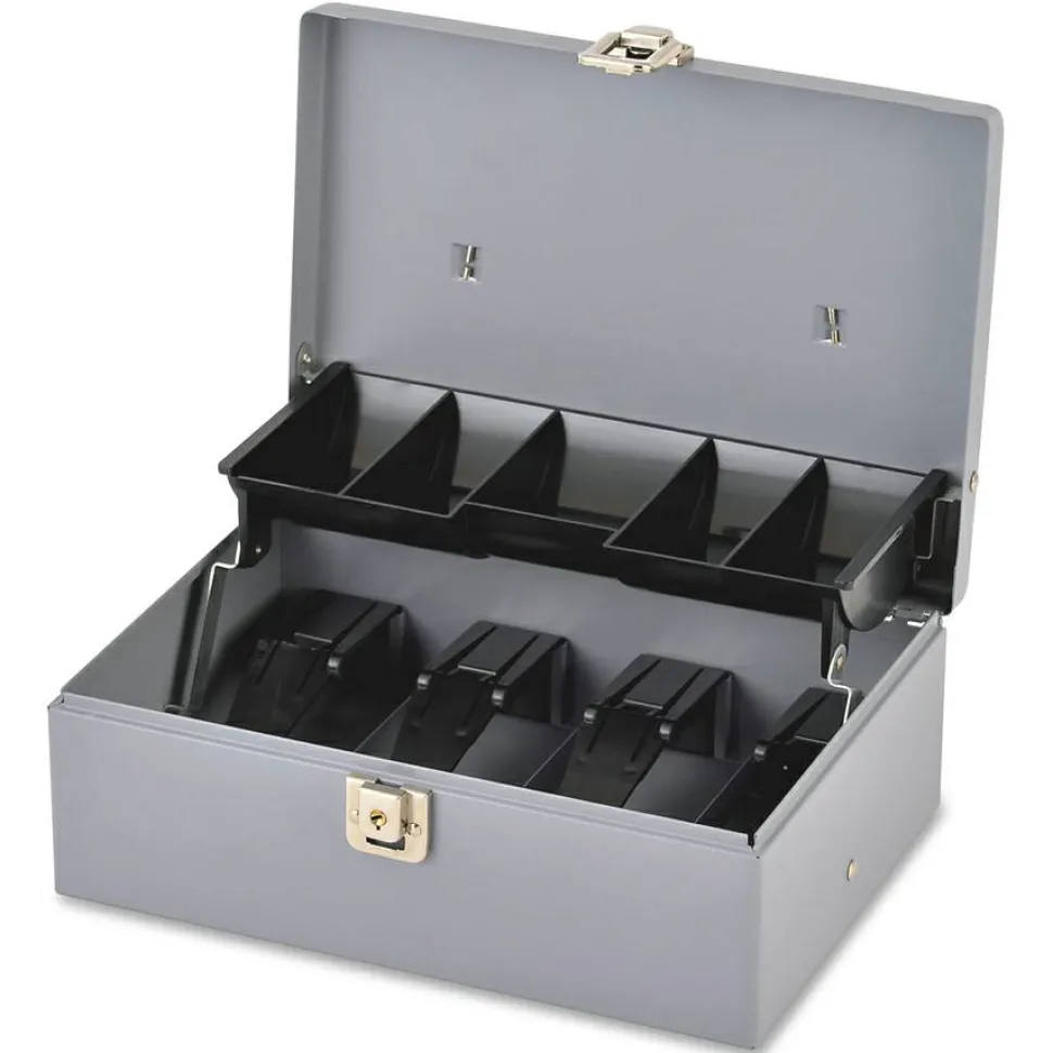 Sparco Key Lock Controller Cash Box With Tray, 5 Compartments, 3 7/16" x 11 7/16" x 7 1/2", Gray
