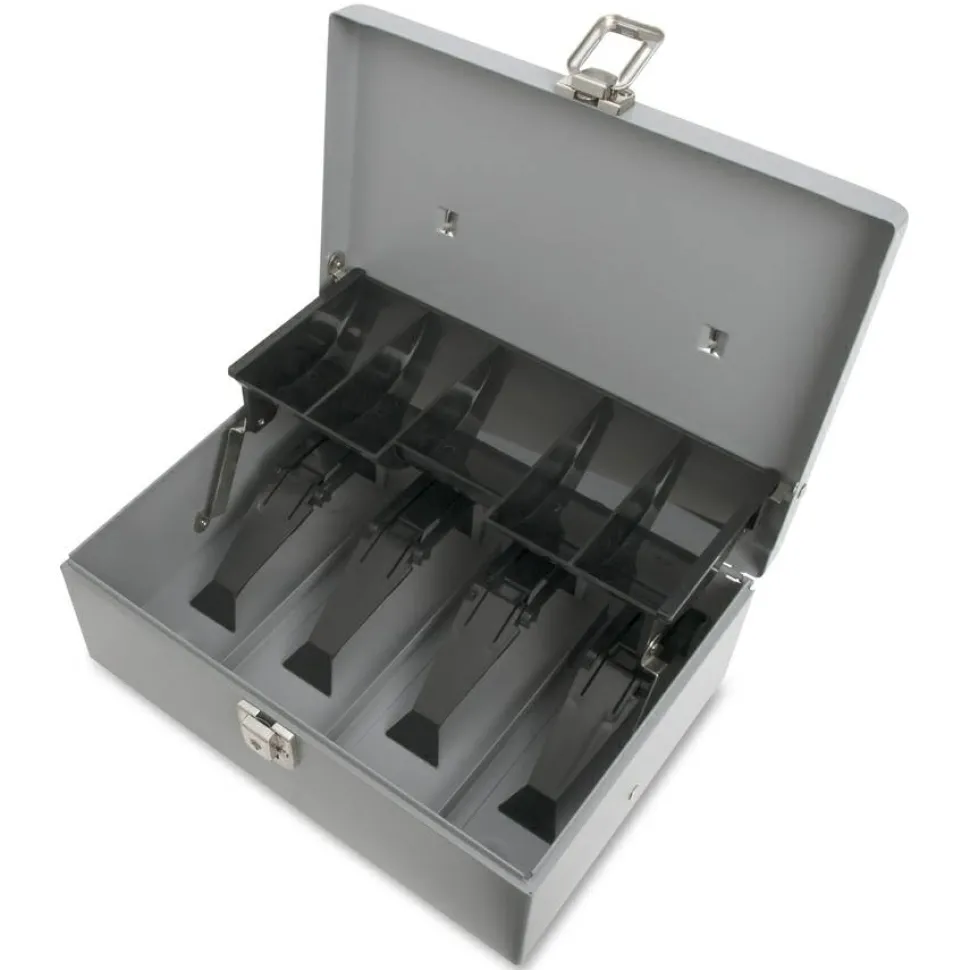 Sparco Key Lock Controller Cash Box With Tray, 5 Compartments, 3 7/16" x 11 7/16" x 7 1/2", Gray