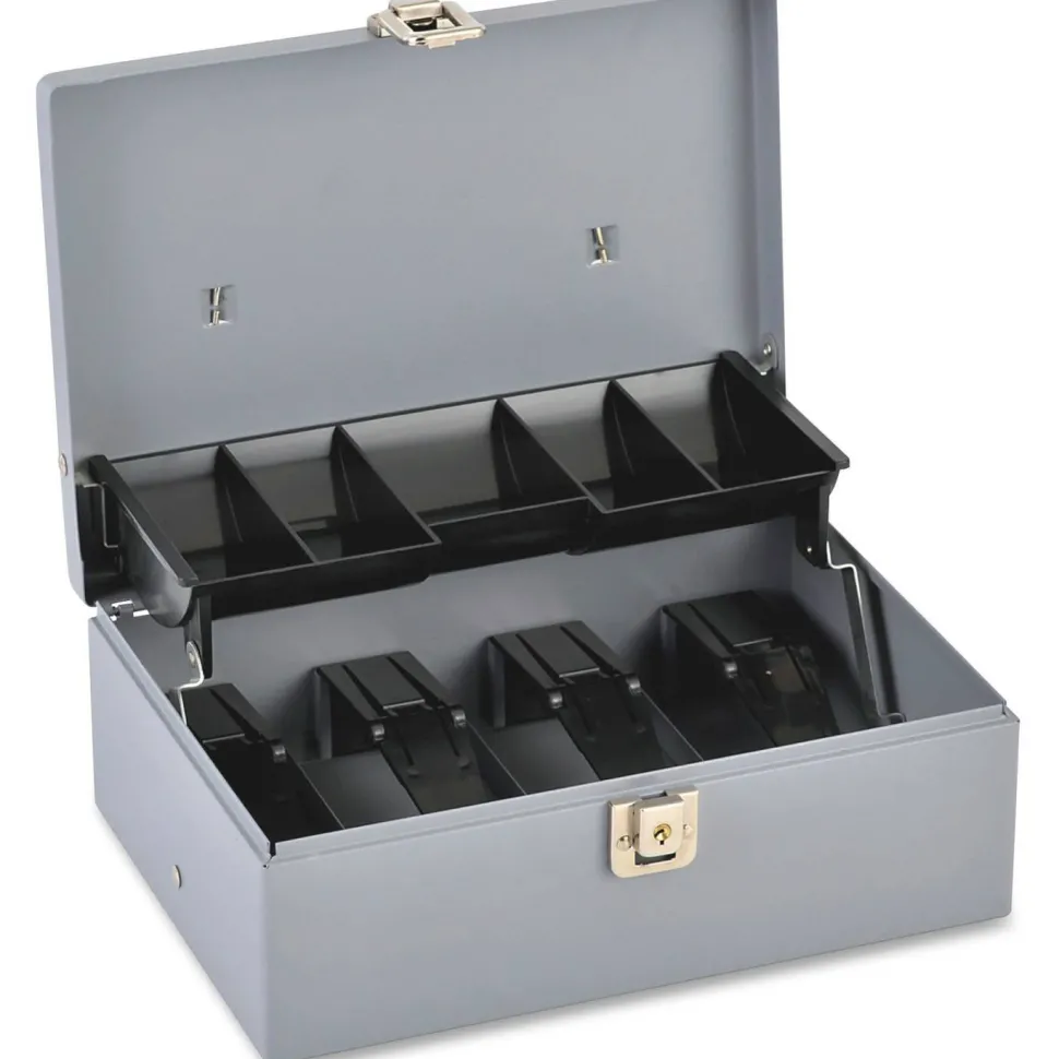Sparco Key Lock Controller Cash Box With Tray, 5 Compartments, 3 7/16" x 11 7/16" x 7 1/2", Gray