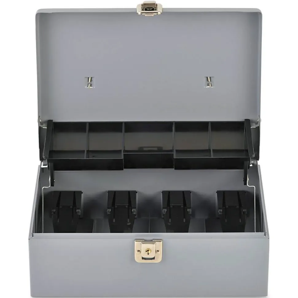 Sparco Key Lock Controller Cash Box With Tray, 5 Compartments, 3 7/16" x 11 7/16" x 7 1/2", Gray