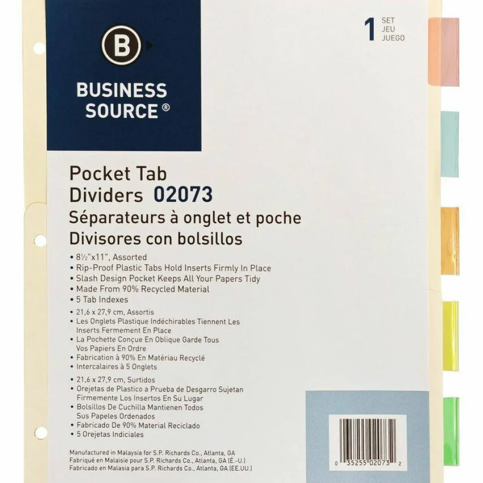 Sparco Ring Binder Pocket Tab Dividers, 8 1/2" x 11", Assorted, Set Of 5