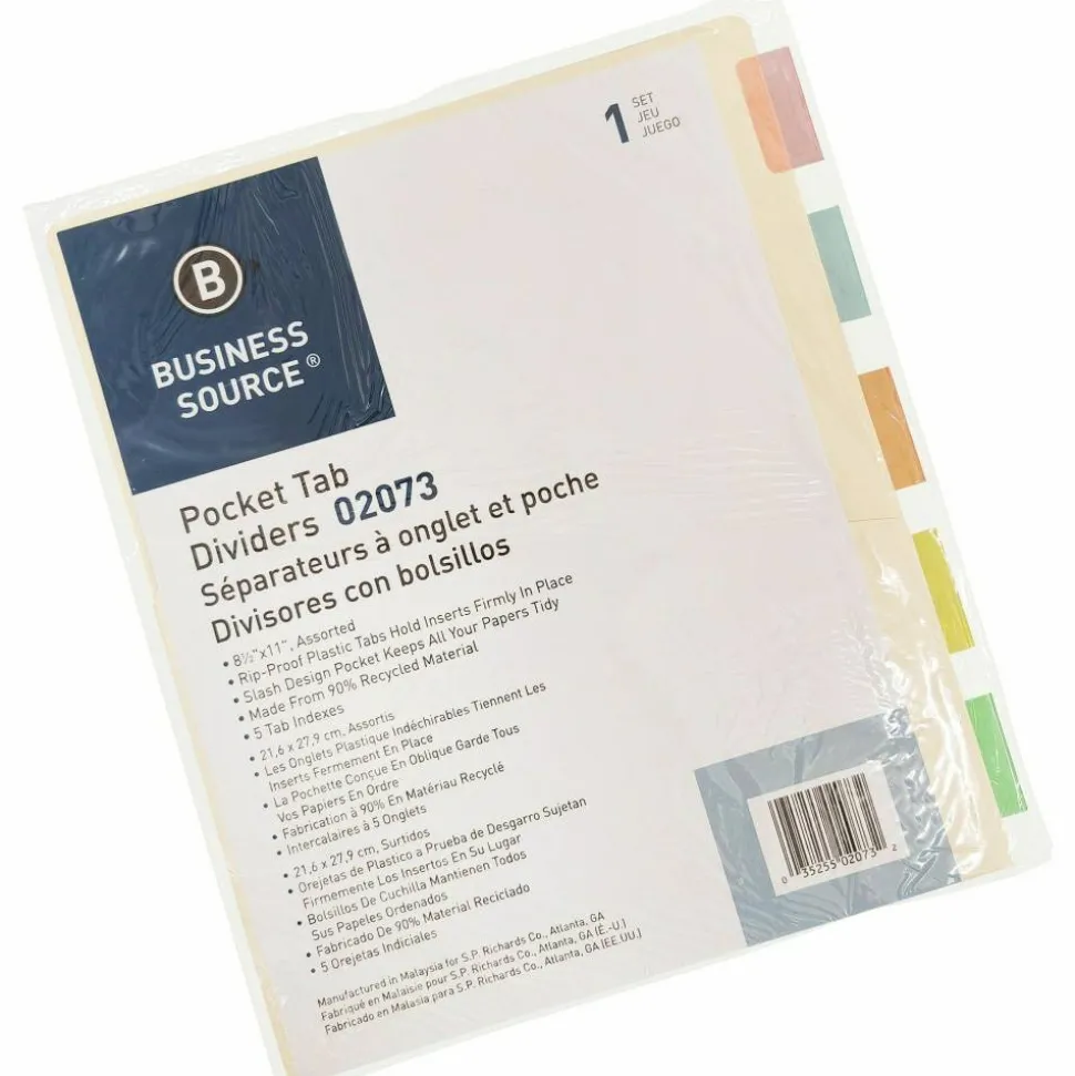 Sparco Ring Binder Pocket Tab Dividers, 8 1/2" x 11", Assorted, Set Of 5