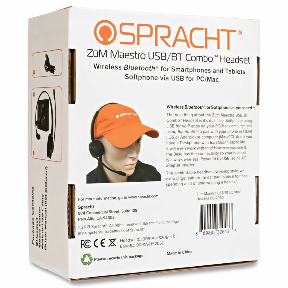 Spracht ZUM COMBO Bluetooth/USB Wireless Headset + Base - Mono - Wireless - Bluetooth - 33 ft - 32 Ohm - HS2060