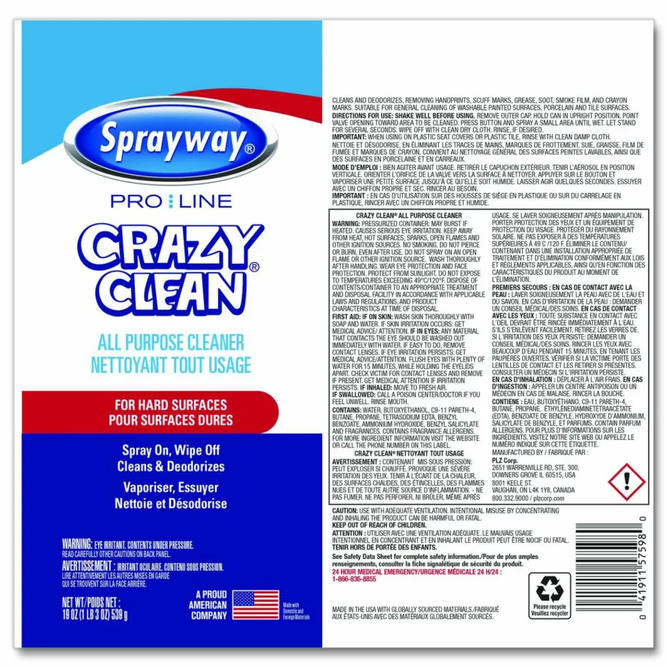 Sprayway PRO LINE Crazy Clean, Unscented, 19 oz Aerosol Spray, 12/Carton