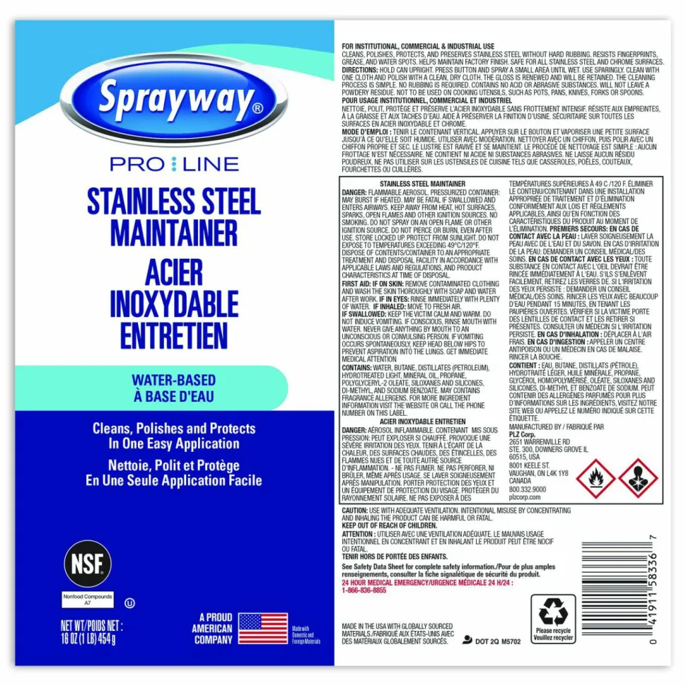 Sprayway PRO LINE Stainless Steel Maintainer, 16 oz Aerosol Spray, 12/Carton