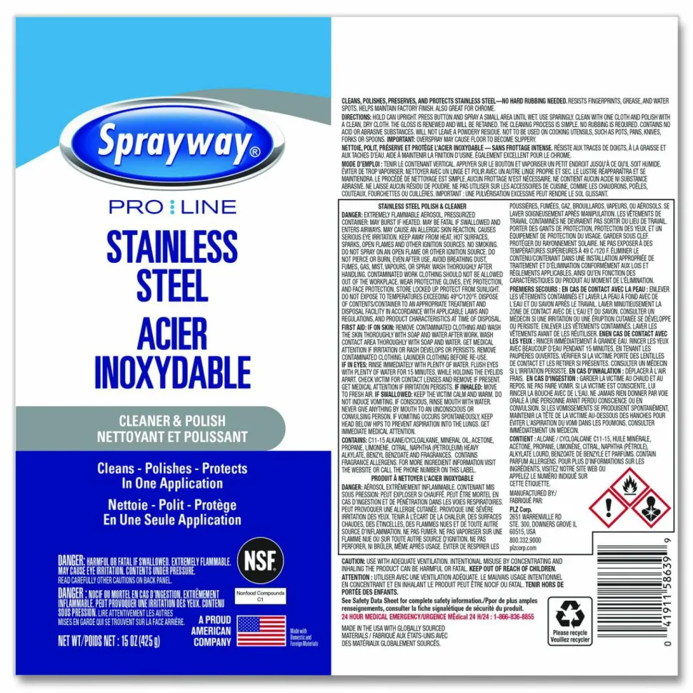 Sprayway PRO LINE Stainless Steel Cleaner and Polish, 15 oz Aerosol Spray, 12/Carton