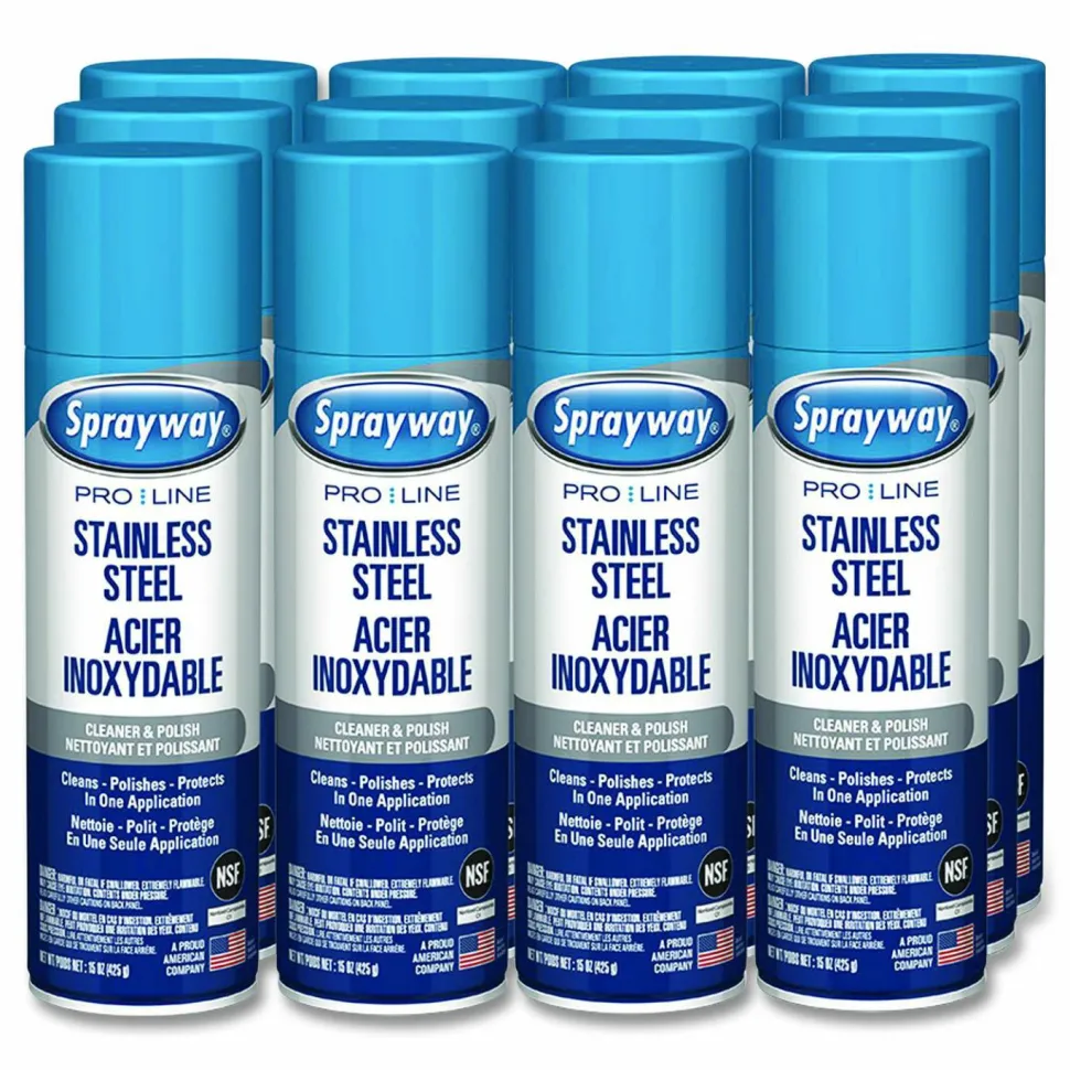 Sprayway PRO LINE Stainless Steel Cleaner and Polish, 15 oz Aerosol Spray, 12/Carton