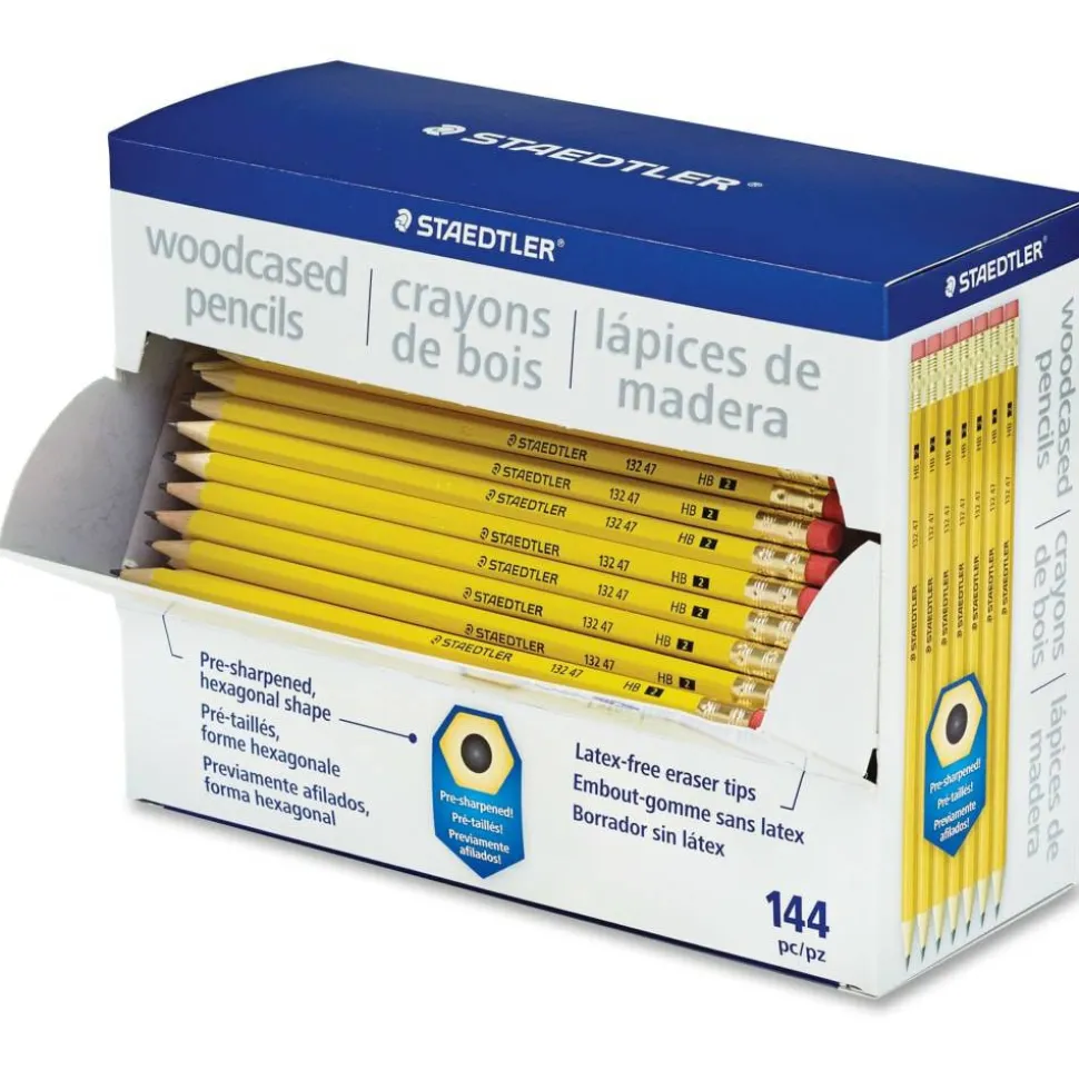 Staedtler Woodcased Pre-Sharpened Pencils, 2 mm, #2HB, Yellow, Pack Of 144 Pencils