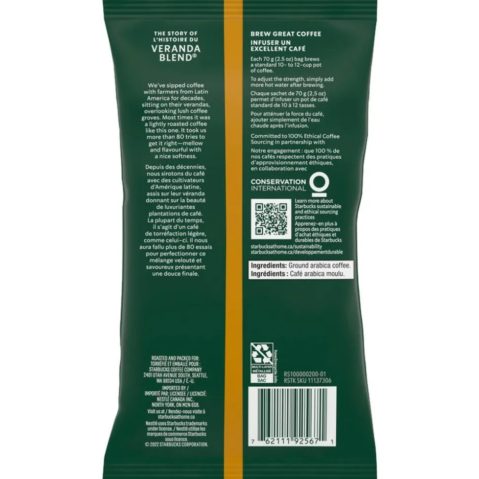 Starbucks Ground Coffee Packets, Veranda Blend, Light Roast, 18 Packets