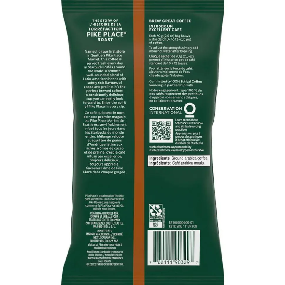Starbucks Ground Coffee Packets, Pike Place, Medium Roast, 2.5 oz, 18 Packets