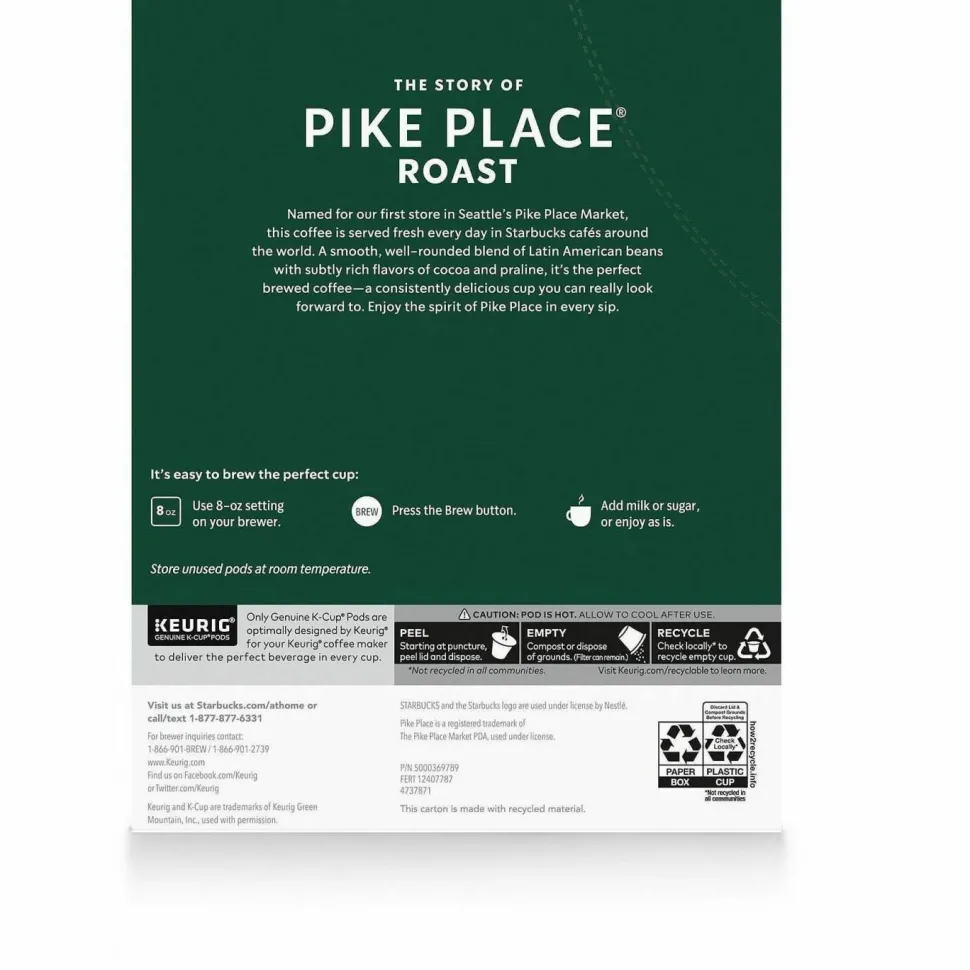 Starbucks Single-Serve Coffee K-Cup, Pike Place, Carton Of 24
