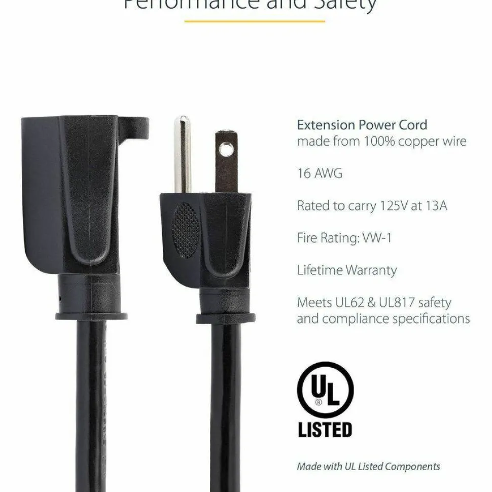 StarTech 20ft (6m) Power Extension Cord, NEMA5-15R to NEMA5-15P Black Extension Cord, 13A 125V, 16AWG, Computer Power Extension Cable