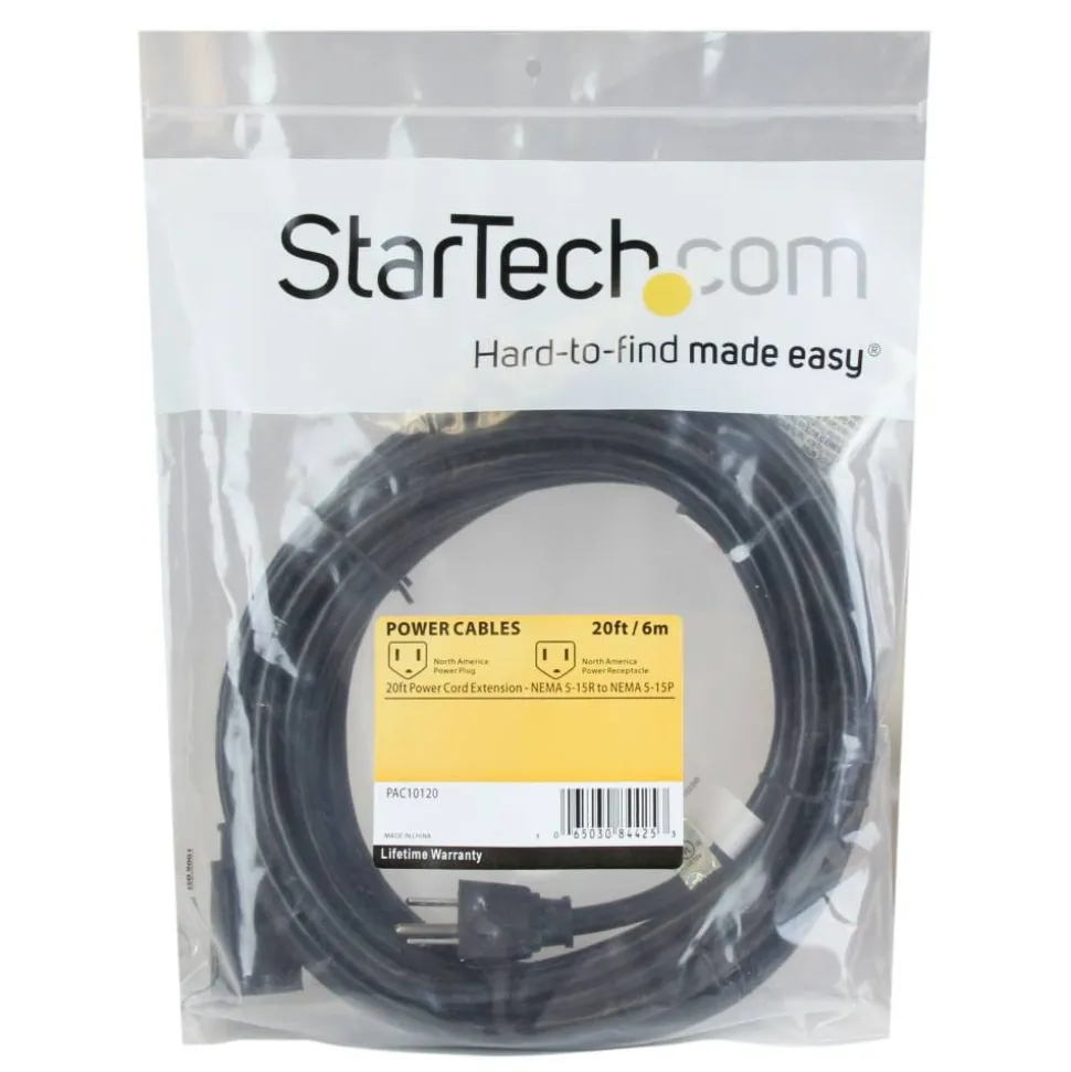 StarTech 20ft (6m) Power Extension Cord, NEMA5-15R to NEMA5-15P Black Extension Cord, 13A 125V, 16AWG, Computer Power Extension Cable