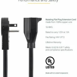 StarTech 10ft Power Extension Cord, Rotating Flat Plug Extension Cord, NEMA 5-15P to NEMA 5-15R Cable, 16 AWG, 125V/13A, UL Certified